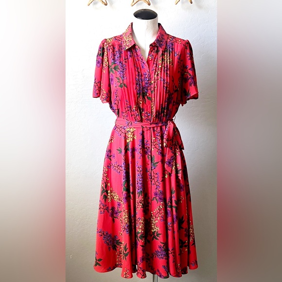 Nanette Lepore Bright Red Floral Belted Dress - Picture 3 of 15